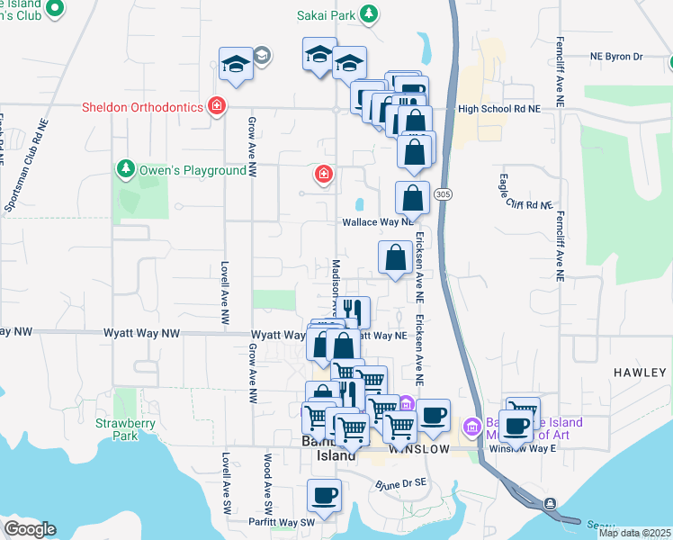 map of restaurants, bars, coffee shops, grocery stores, and more near 140 Sadie Lane Northwest in Bainbridge Island