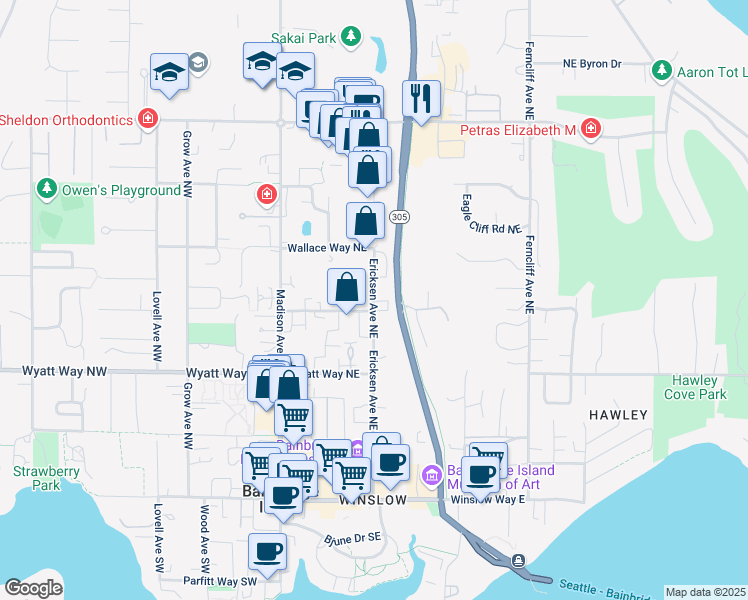 map of restaurants, bars, coffee shops, grocery stores, and more near 730 Ericksen Avenue Northeast in Bainbridge Island
