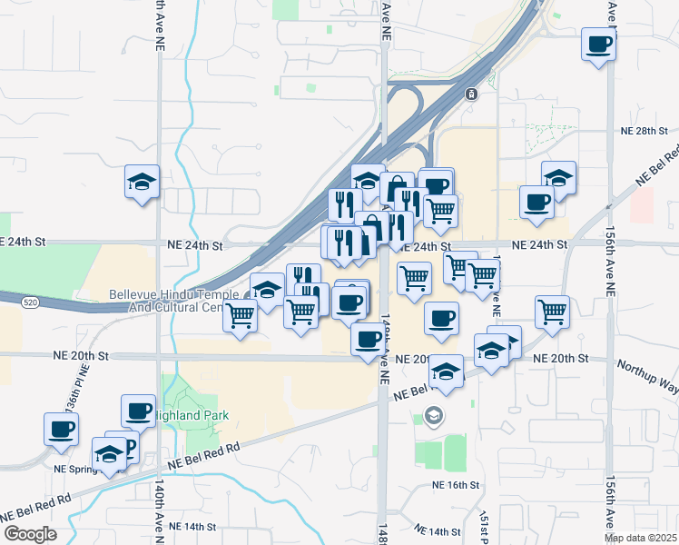 map of restaurants, bars, coffee shops, grocery stores, and more near 14625 Northeast 24th Street in Bellevue