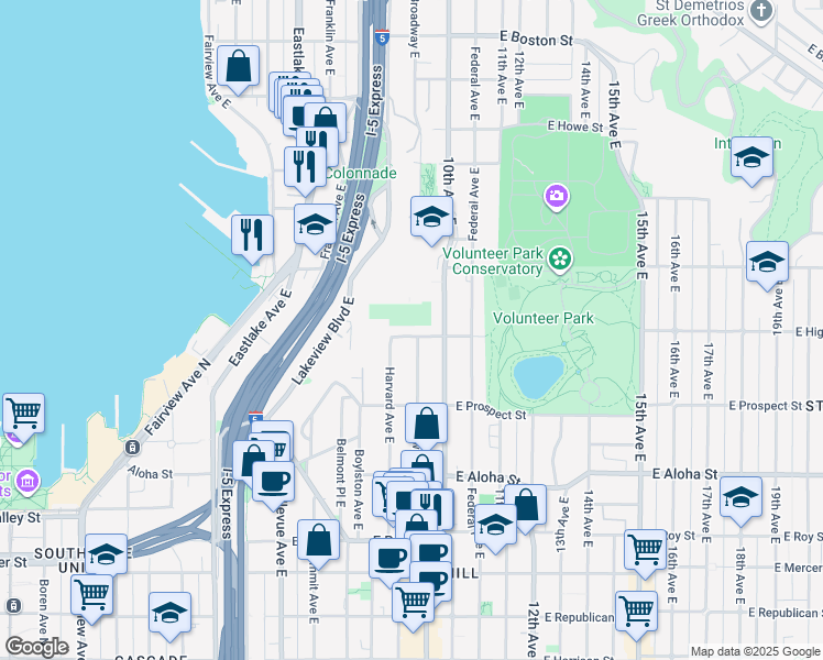 map of restaurants, bars, coffee shops, grocery stores, and more near 814 East Highland Drive in Seattle