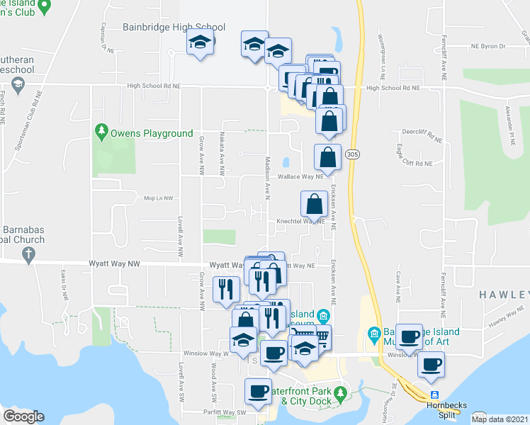 map of restaurants, bars, coffee shops, grocery stores, and more near 140 Sadie Lane Northwest in Bainbridge Island