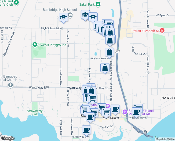 map of restaurants, bars, coffee shops, grocery stores, and more near 101 Sadie Lane Northwest in Bainbridge Island