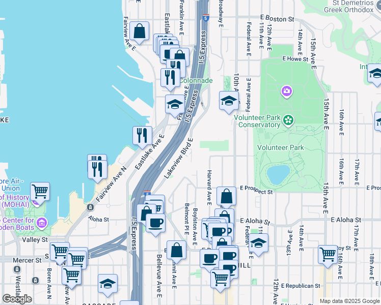 map of restaurants, bars, coffee shops, grocery stores, and more near 1230 Lakeview Boulevard East in Seattle