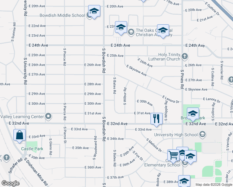 map of restaurants, bars, coffee shops, grocery stores, and more near 2817 South Bates Road in Spokane Valley