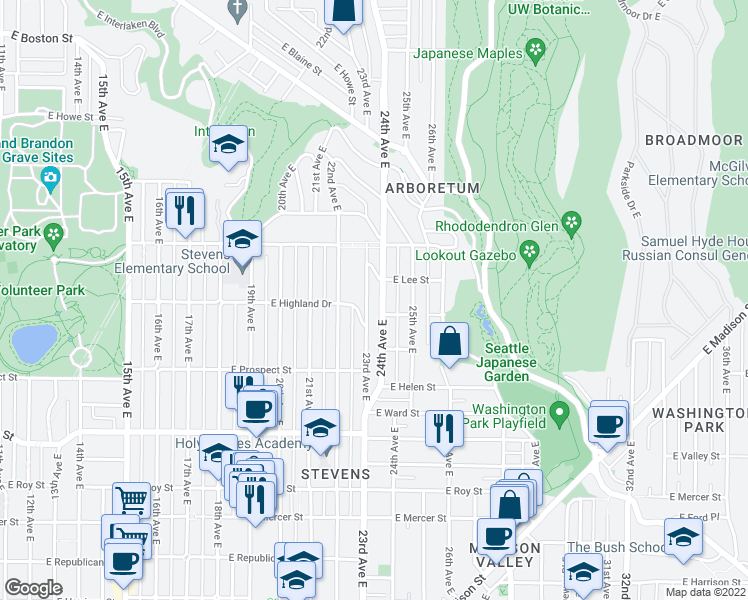 map of restaurants, bars, coffee shops, grocery stores, and more near 1225 23rd Avenue East in Seattle