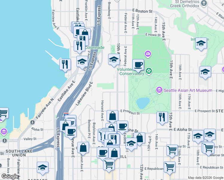 map of restaurants, bars, coffee shops, grocery stores, and more near 918 East Highland Drive in Seattle