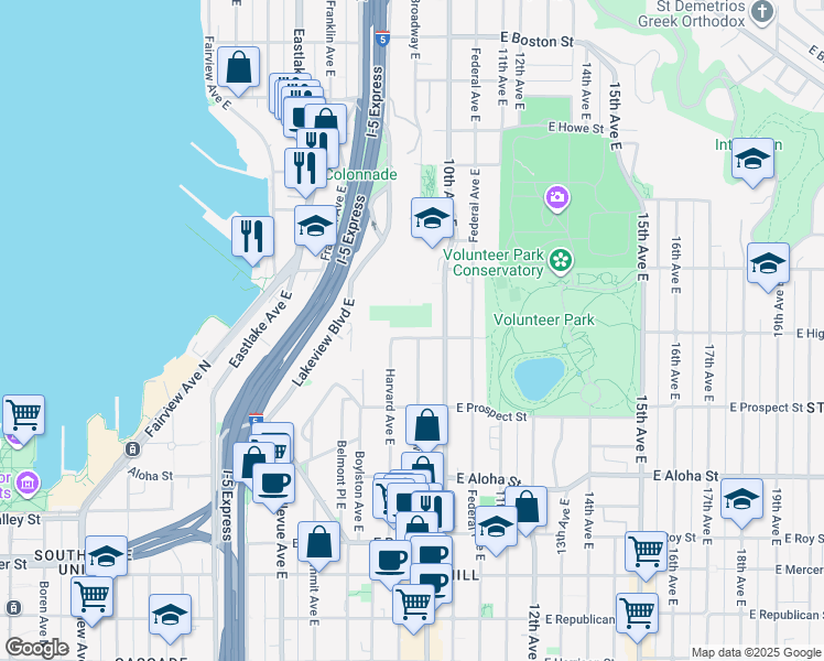map of restaurants, bars, coffee shops, grocery stores, and more near 1500 Lakeview Boulevard East in Seattle