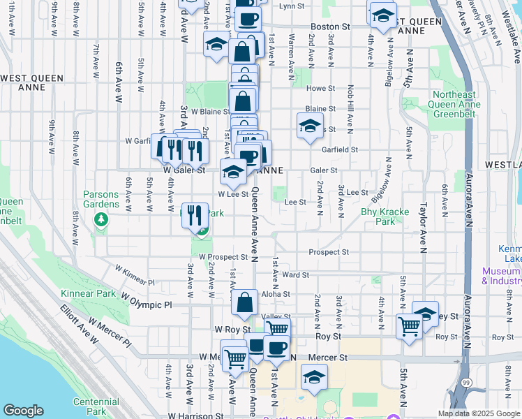 map of restaurants, bars, coffee shops, grocery stores, and more near in Seattle