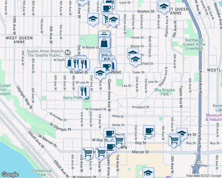 map of restaurants, bars, coffee shops, grocery stores, and more near in Seattle
