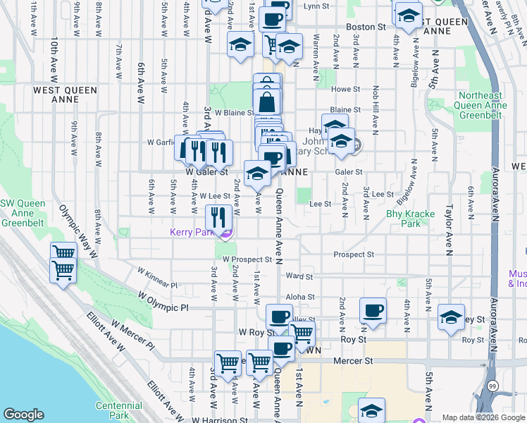 map of restaurants, bars, coffee shops, grocery stores, and more near 101 West Lee Street in Seattle