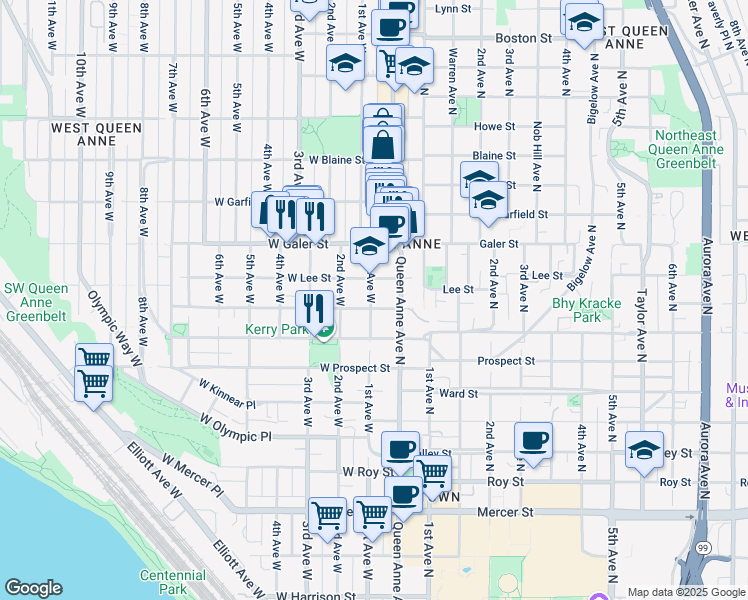 map of restaurants, bars, coffee shops, grocery stores, and more near 101 West Lee Street in Seattle