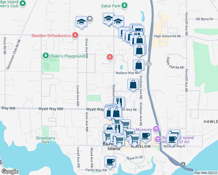 map of restaurants, bars, coffee shops, grocery stores, and more near 140 Sadie Lane Northwest in Bainbridge Island