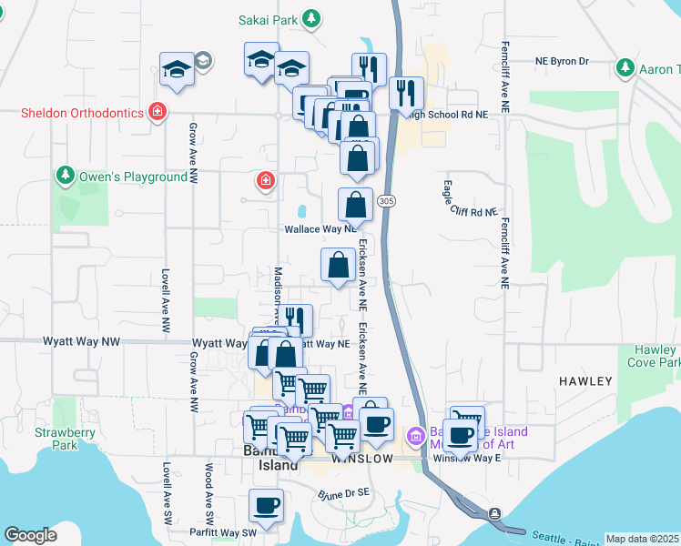 map of restaurants, bars, coffee shops, grocery stores, and more near 282 Knechtel Way Northeast in Bainbridge Island