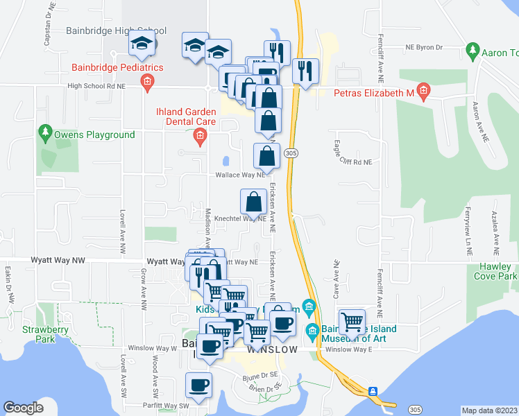map of restaurants, bars, coffee shops, grocery stores, and more near 282 Knechtel Way Northeast in Bainbridge Island