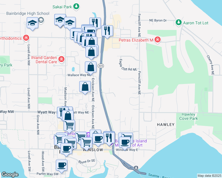 map of restaurants, bars, coffee shops, grocery stores, and more near 710 Northeast John Nelson Lane in Bainbridge Island