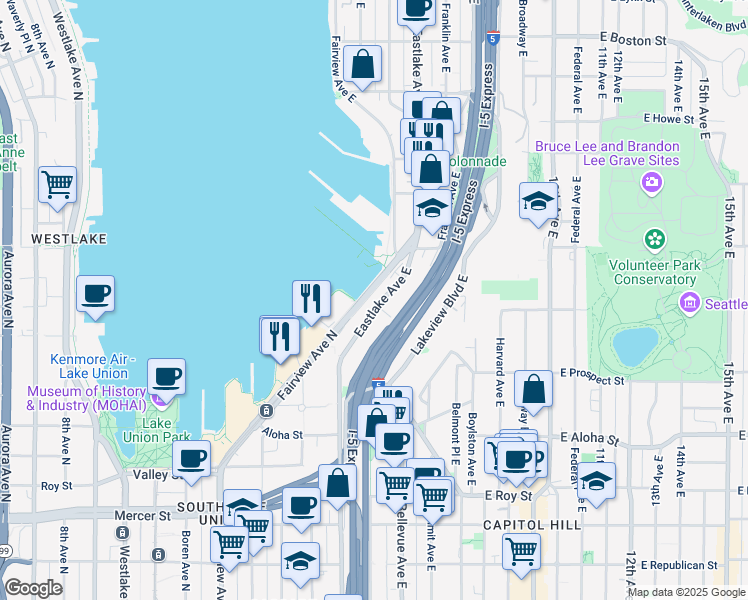 map of restaurants, bars, coffee shops, grocery stores, and more near 1208 Eastlake Avenue East in Seattle