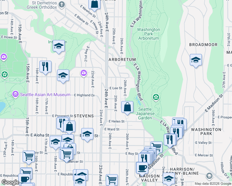 map of restaurants, bars, coffee shops, grocery stores, and more near 2417 East Lee Street in Seattle