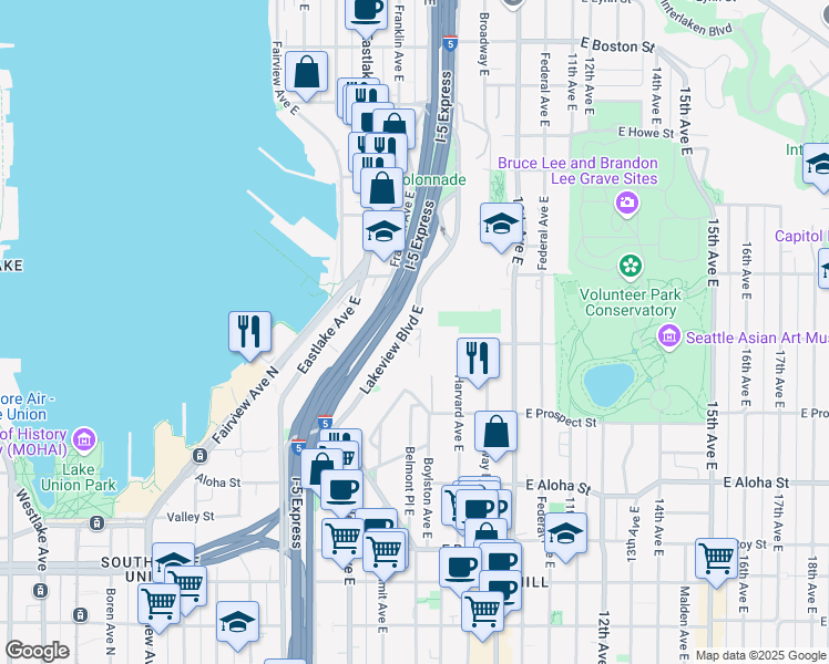 map of restaurants, bars, coffee shops, grocery stores, and more near 1308 Lakeview Boulevard East in Seattle