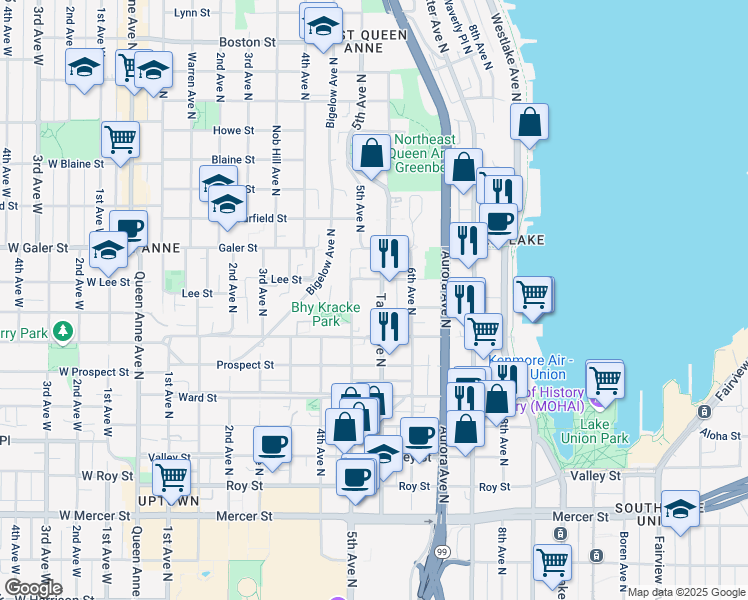 map of restaurants, bars, coffee shops, grocery stores, and more near 1246 Taylor Avenue North in Seattle