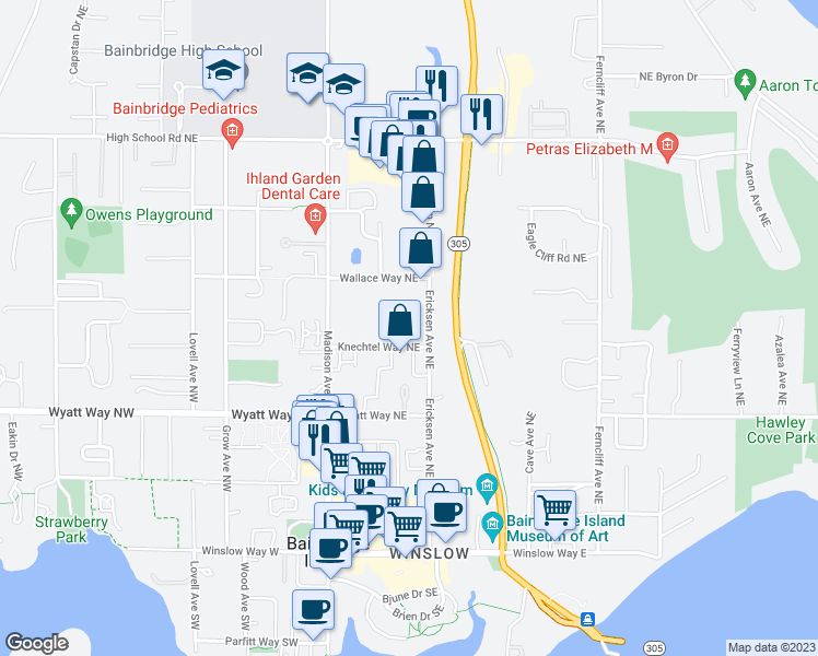 map of restaurants, bars, coffee shops, grocery stores, and more near 282 Knechtel Way Northeast in Bainbridge Island