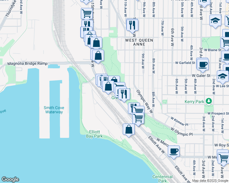 map of restaurants, bars, coffee shops, grocery stores, and more near 1408 Elliott Avenue West in Seattle