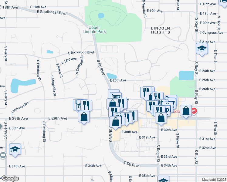 map of restaurants, bars, coffee shops, grocery stores, and more near 2607A South Southeast Boulevard in Spokane