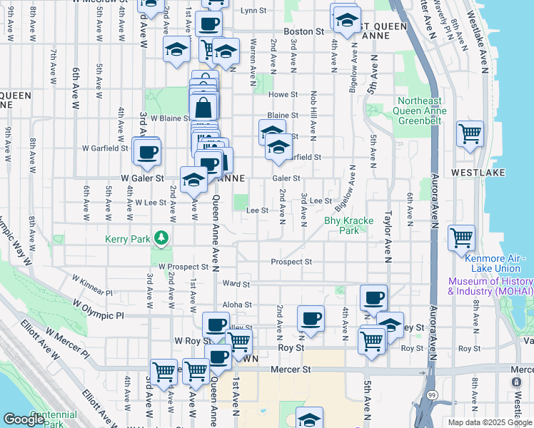 map of restaurants, bars, coffee shops, grocery stores, and more near 161 Lee Street in Seattle