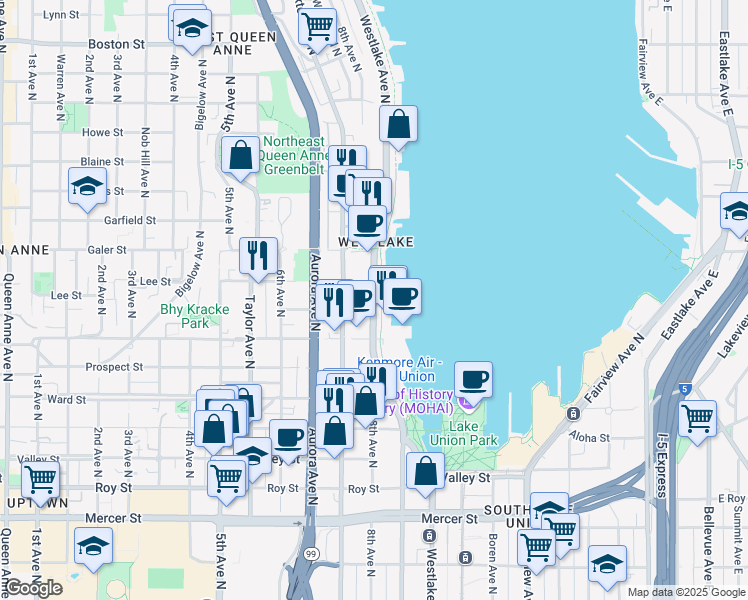 map of restaurants, bars, coffee shops, grocery stores, and more near 1232 Westlake Avenue North in Seattle