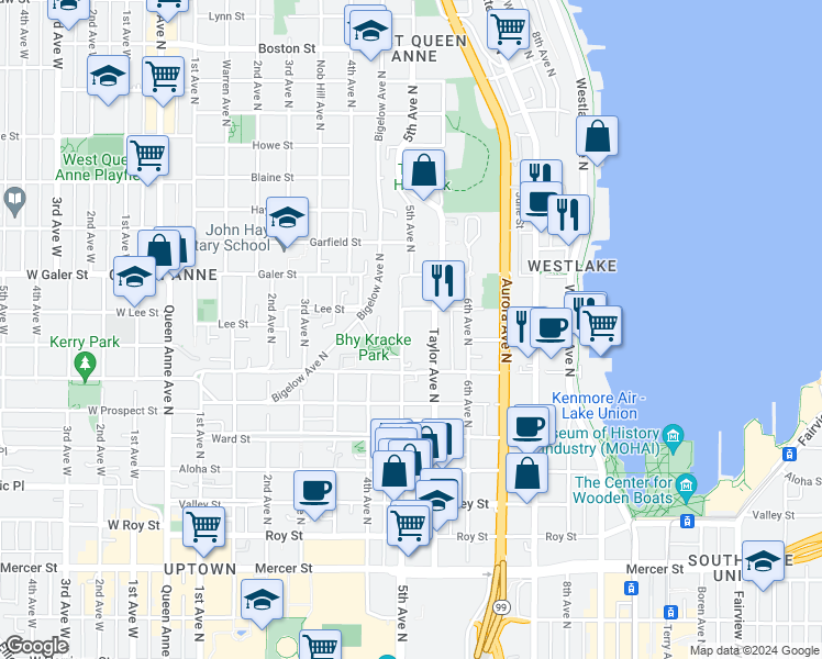 map of restaurants, bars, coffee shops, grocery stores, and more near 1230 5th Avenue North in Seattle