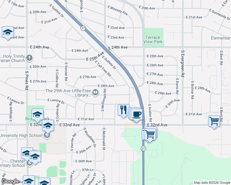 map of restaurants, bars, coffee shops, grocery stores, and more near 13113 East 29th Avenue in Spokane Valley