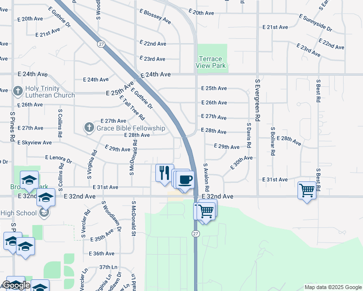 map of restaurants, bars, coffee shops, grocery stores, and more near 13320 East 28th Avenue in Spokane Valley