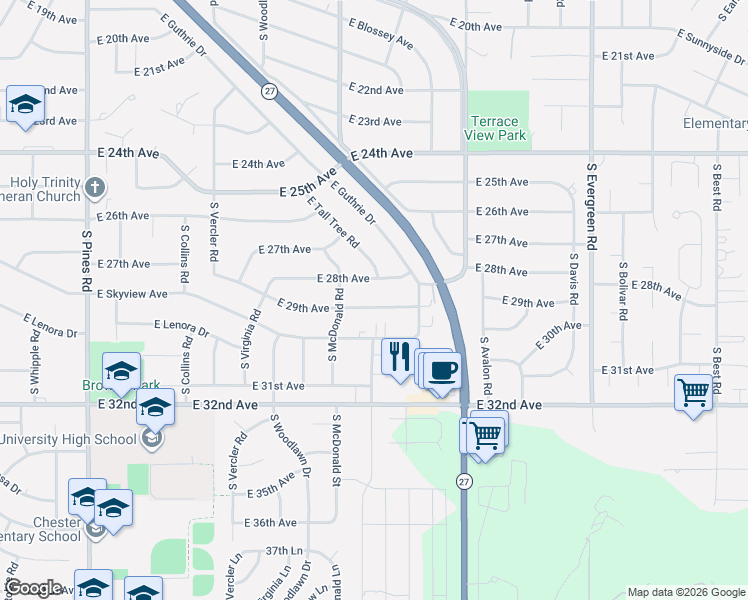 map of restaurants, bars, coffee shops, grocery stores, and more near 13113 East 29th Avenue in Spokane Valley