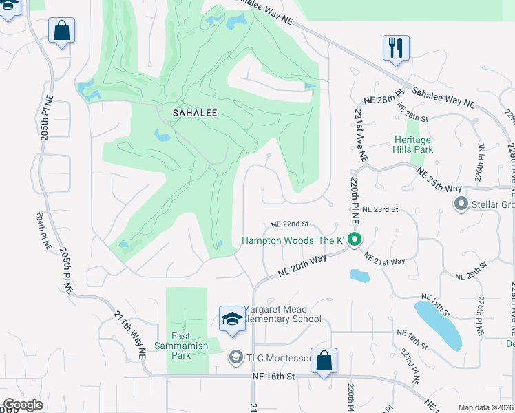 map of restaurants, bars, coffee shops, grocery stores, and more near 2206 Sahalee Drive East in Sammamish