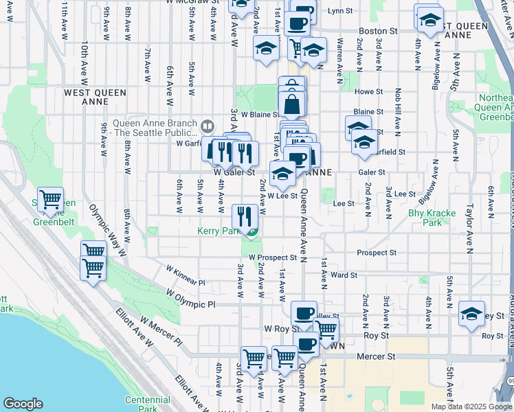 map of restaurants, bars, coffee shops, grocery stores, and more near 205 West Lee Street in Seattle