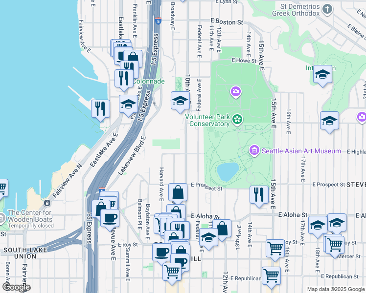 map of restaurants, bars, coffee shops, grocery stores, and more near 918 East Highland Drive in Seattle