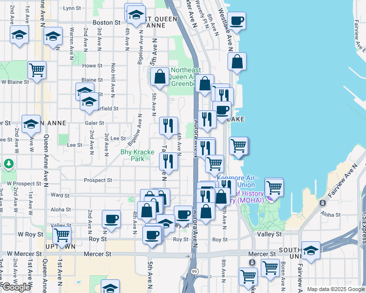 map of restaurants, bars, coffee shops, grocery stores, and more near 1308 6th Avenue North in Seattle