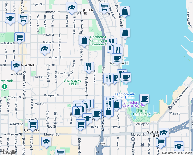 map of restaurants, bars, coffee shops, grocery stores, and more near 1308 6th Avenue North in Seattle