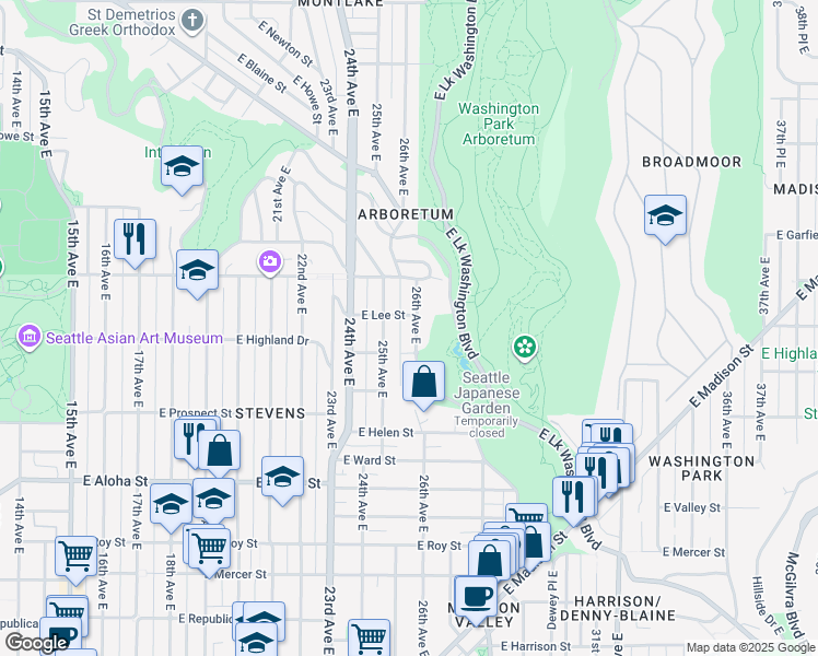 map of restaurants, bars, coffee shops, grocery stores, and more near 1221 26th Avenue East in Seattle