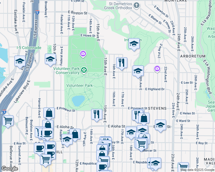 map of restaurants, bars, coffee shops, grocery stores, and more near 1244 15th Avenue East in Seattle