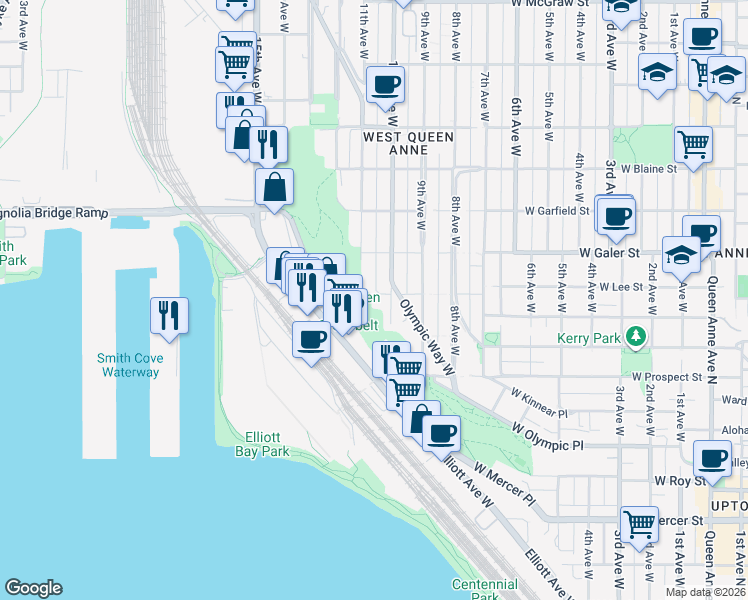 map of restaurants, bars, coffee shops, grocery stores, and more near 1015 West Lee Street in Seattle