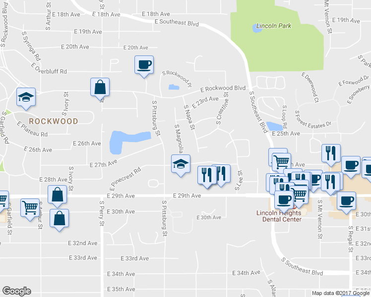 map of restaurants, bars, coffee shops, grocery stores, and more near 2521 South Magnolia Street in Spokane