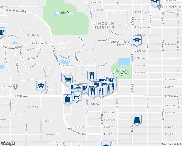 map of restaurants, bars, coffee shops, grocery stores, and more near 2711 E White Pines Ln in Spokane
