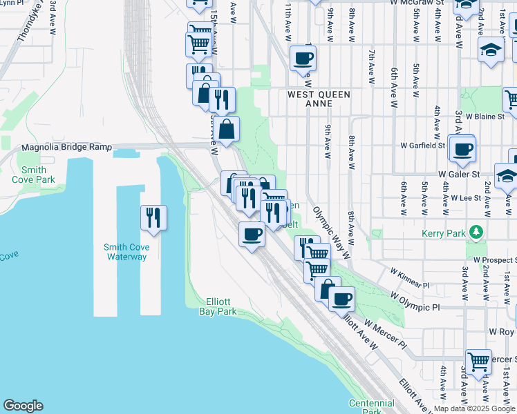map of restaurants, bars, coffee shops, grocery stores, and more near 1408 Elliott Avenue West in Seattle