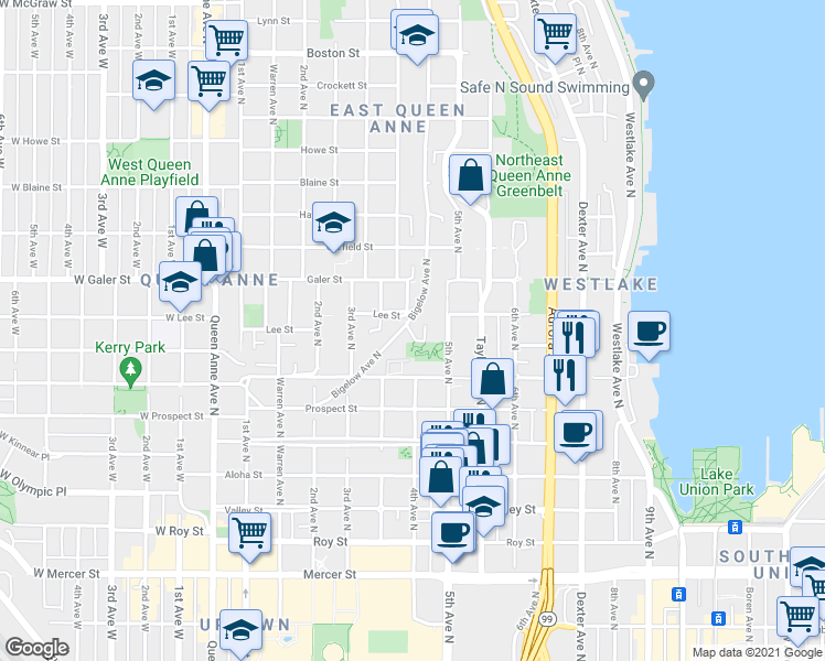 map of restaurants, bars, coffee shops, grocery stores, and more near 404 Comstock Place in Seattle