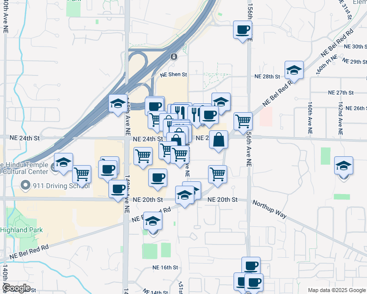 map of restaurants, bars, coffee shops, grocery stores, and more near 15157 Northeast 24th Street in Redmond