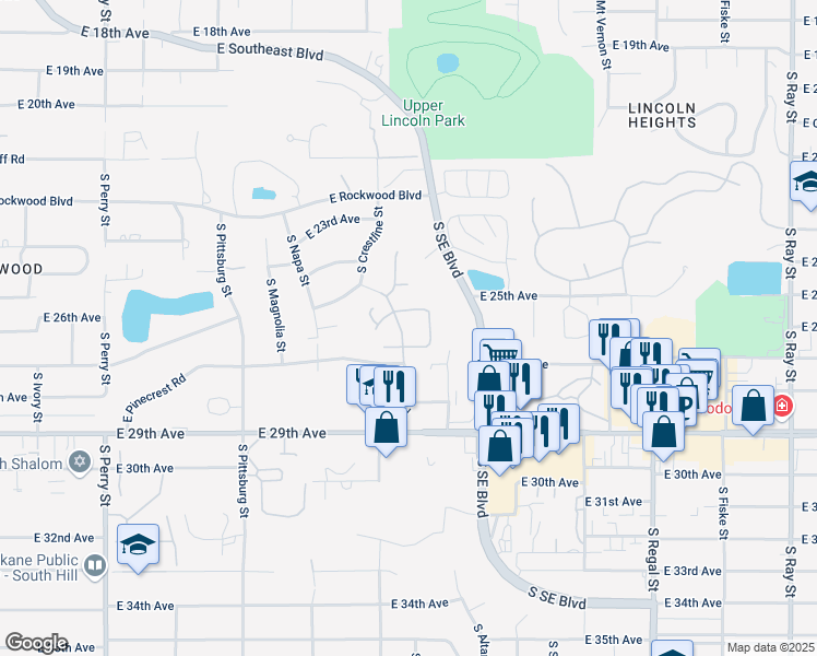 map of restaurants, bars, coffee shops, grocery stores, and more near 2605 Grapetree Drive in Spokane