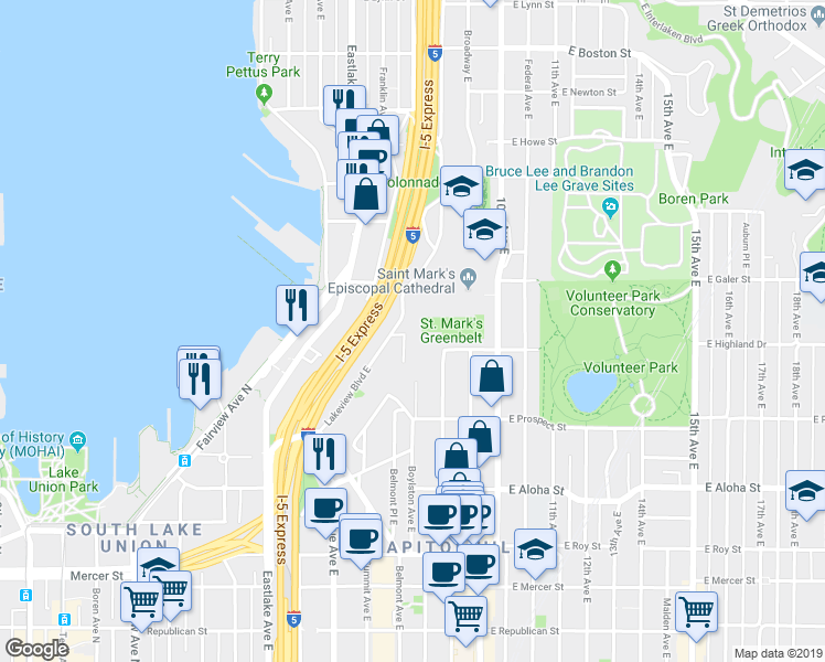 map of restaurants, bars, coffee shops, grocery stores, and more near 1308 Lakeview Boulevard East in Seattle