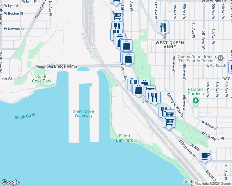 map of restaurants, bars, coffee shops, grocery stores, and more near 1280 16th Avenue West in Seattle
