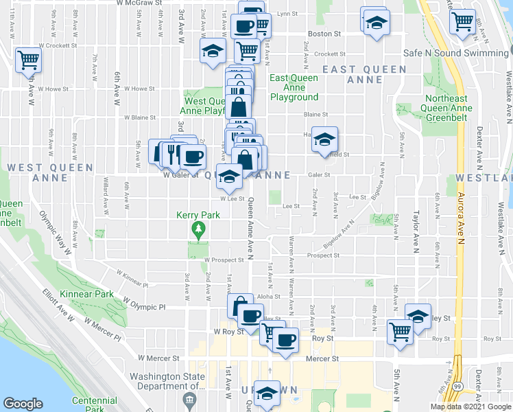 map of restaurants, bars, coffee shops, grocery stores, and more near in Seattle