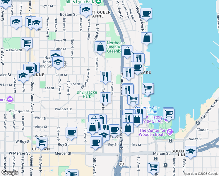 map of restaurants, bars, coffee shops, grocery stores, and more near 1317 6th Avenue North in Seattle